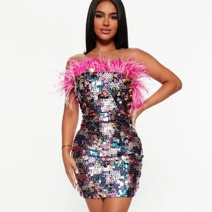 Fashion Nova Muti Colored Sequin Mini Dress/Party Dress Ostrich Feather Trim
